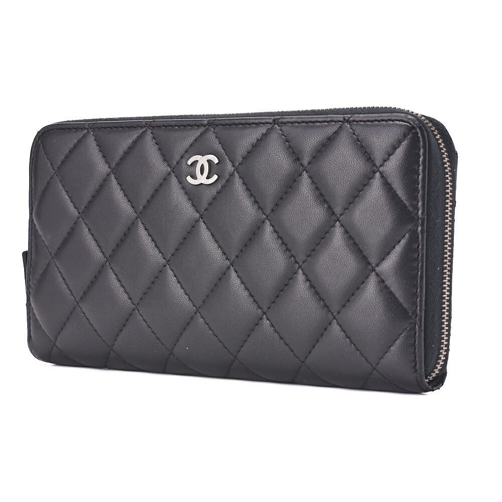 Pre-Owned Round Long Wallet Matelasse Lambskin Black Silver-Tone Hardware Pre-Owned