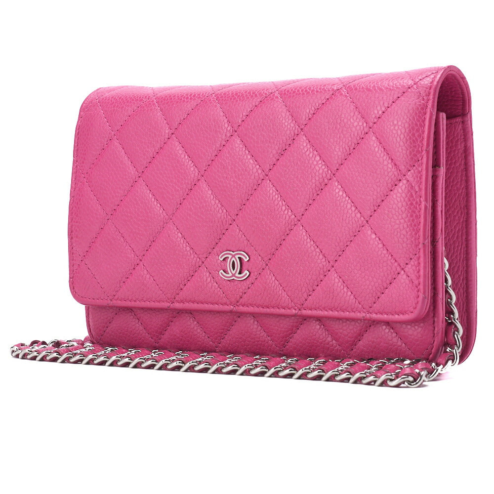 Pre-Owned Chain Wallet, Matelasse, Caviar Skin, Pink, Silver-Tone Hardware, Pre-Owned