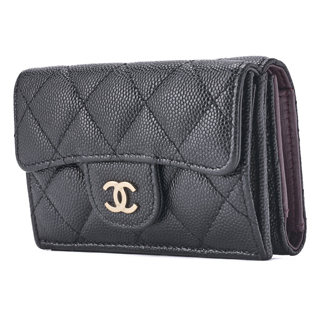 Pre-Owned Tri-Fold Compact Wallet, Matelasse, Caviar Skin, Black, Gold-Tone Hardware, Pre-Owned