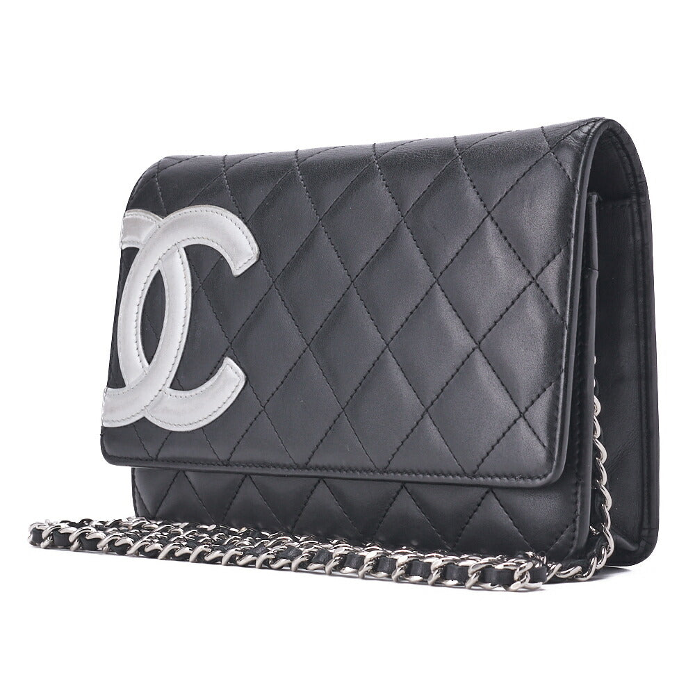 Pre-Owned Chain Wallet, Cambon Line, Folding, Calfskin, Black, Silver-Tone Hardware, Pre-Owned