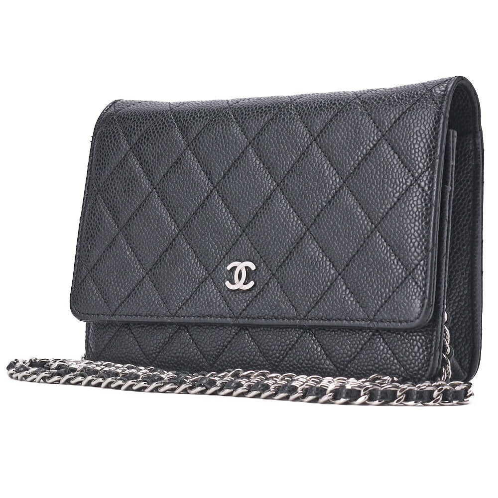 Pre-Owned Chain Wallet Matelasse Caviar Leather Black Silver-Tone Hardware Pre-Owned