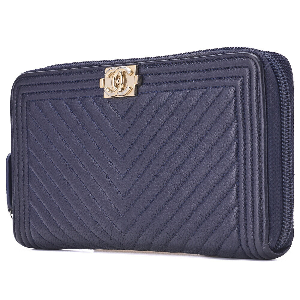 Pre-Owned Boy V-Stitch Round Long Wallet, Caviar Skin, Navy, Gold-Tone Hardware, Pre-Owned