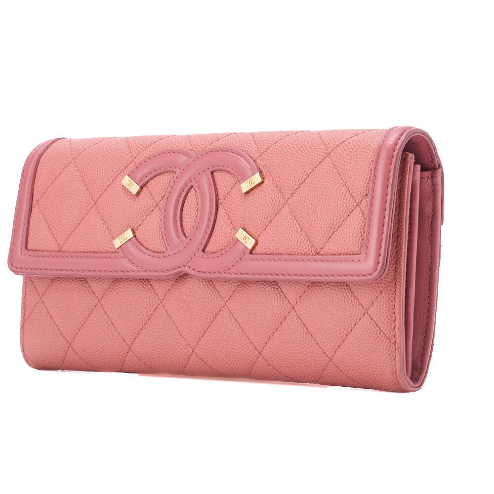 Pre-Owned Bi-Fold Long Wallet Matelasse CC Filigree Caviar Skin Pink Gold-Tone Hardware Pre-Owned