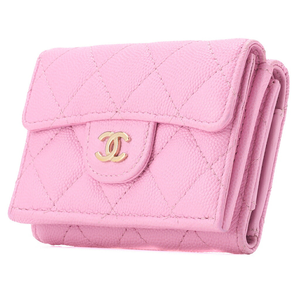 Pre-Owned Tri-Fold Compact Wallet, Matelasse, Caviar Skin, Pink, Gold-Tone Hardware, Pre-Owned