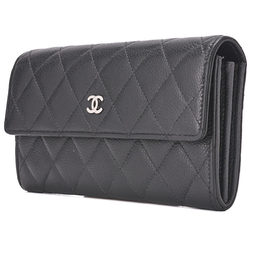 Pre-Owned Bi-fold Long Wallet Matelasse Caviar Skin Black Silver-Tone Hardware Pre-Owned
