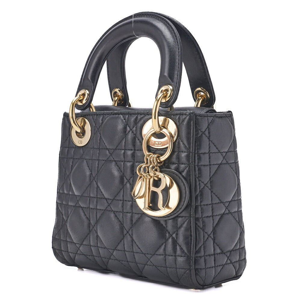Pre-Owned Mini Lady Cannage Handbag Lambskin Black Gold-Tone Hardware Pre-Owned
