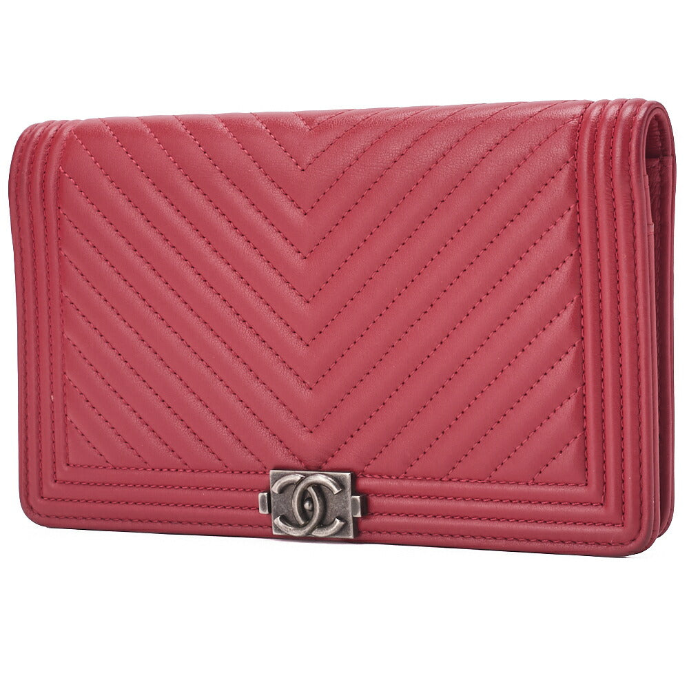 Pre-Owned Bi-Fold Long Wallet V Stitch Lambskin Red Gold-Tone Hardware Pre-Owned