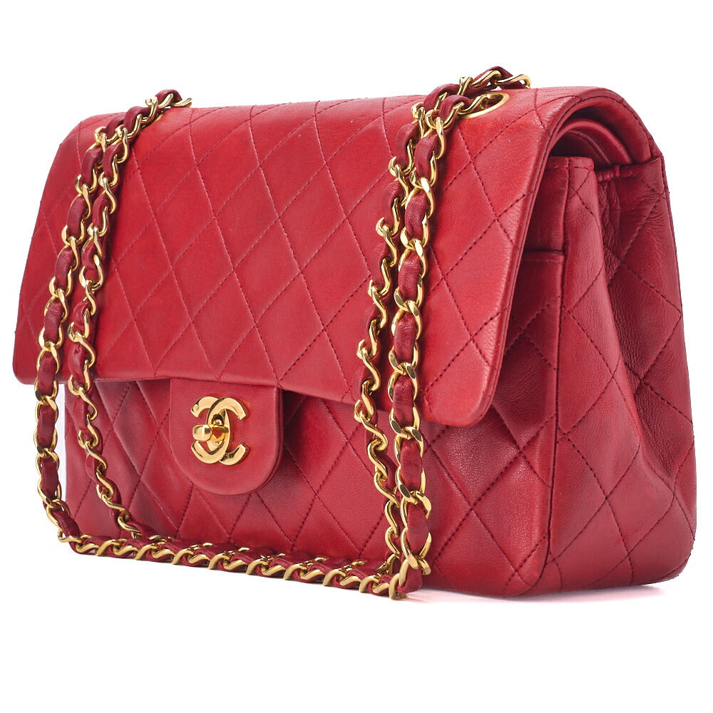 Pre-Owned Shoulder Bag Matelasse Double Flap Lambskin Red Gold-Tone Hardware Pre-Owned