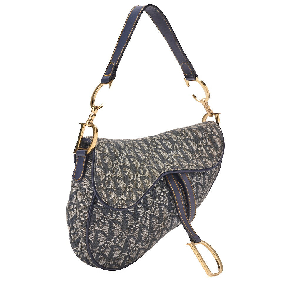 Pre-Owned Trotter Saddle Bag, Canvas Leather, Navy, Gold-Tone Hardware, Pre-Owned