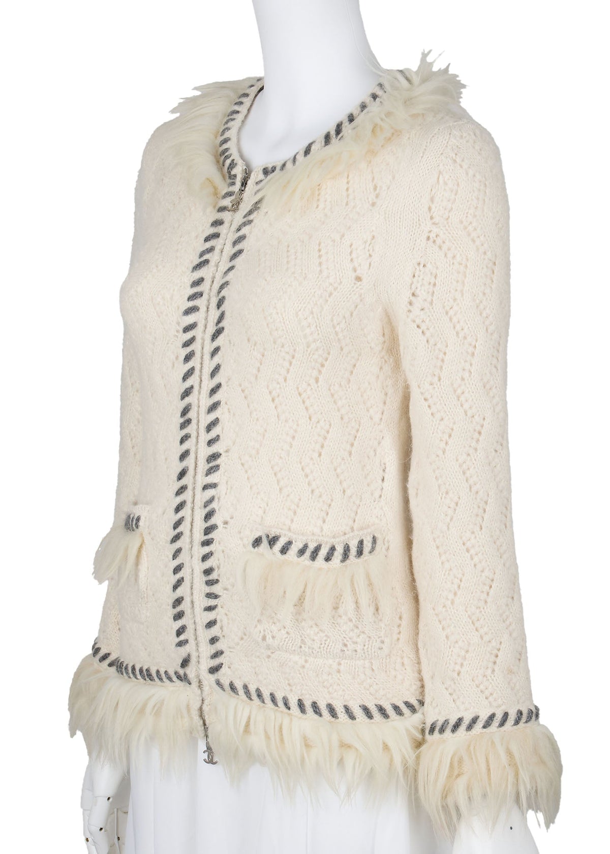 Pre-Owned Cardigan, Coco Mark, Long Sleeve, Cashmere Blend, Ivory, Pre-Owned