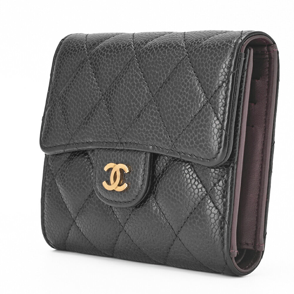 Pre-Owned Compact Wallet, Matelasse, Caviar Skin, Black, Gold-Tone Hardware, Pre-Owned