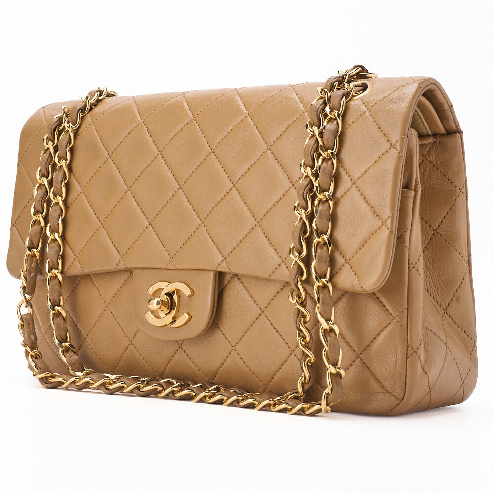 Pre-Owned Shoulder Bag Matelasse Double Flap Lambskin Beige Gold-Tone Hardware Pre-Owned