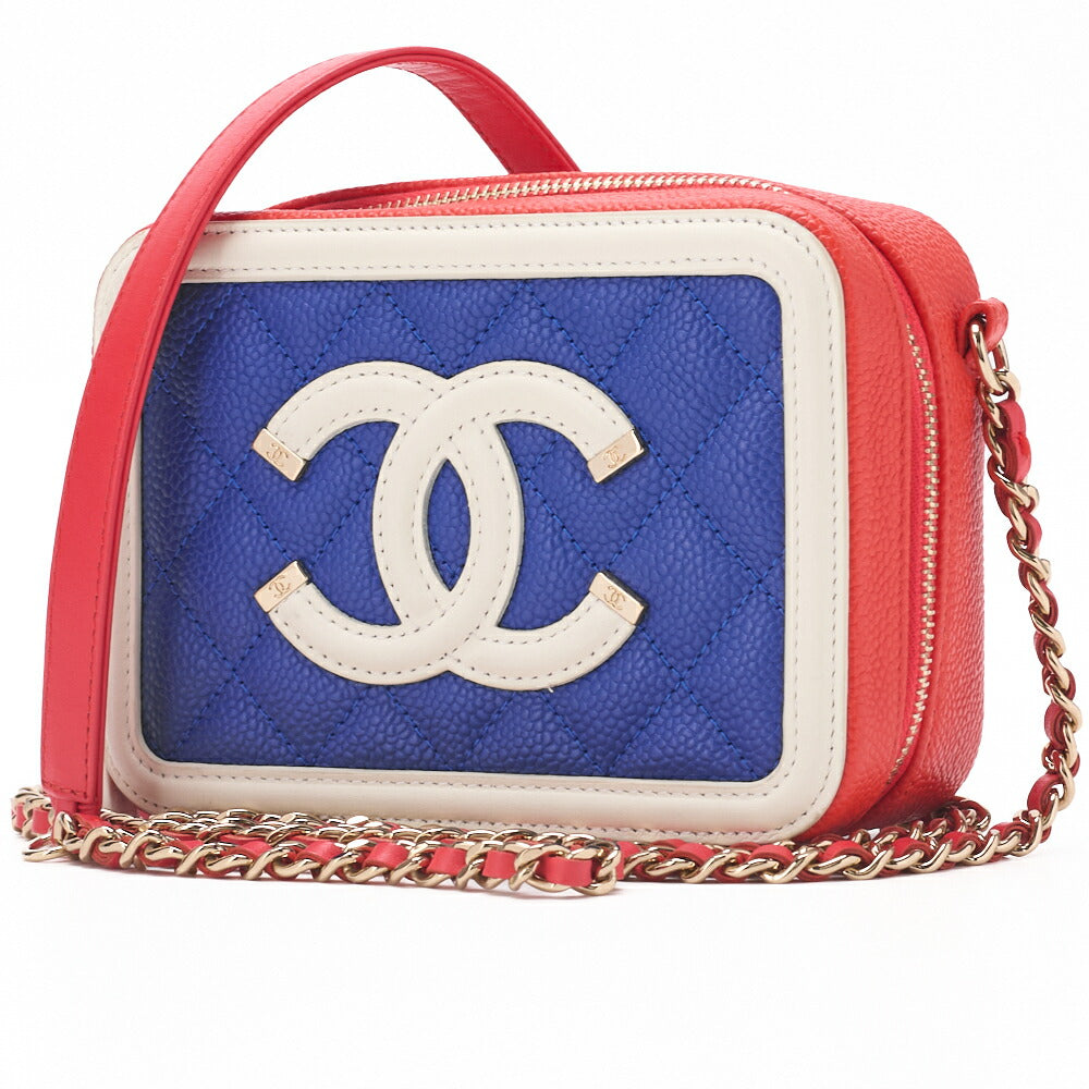 Pre-Owned Shoulder Bag Coco Mark CC Filigree Mini Caviar Skin Red Gold-Tone Hardware Pre-Owned