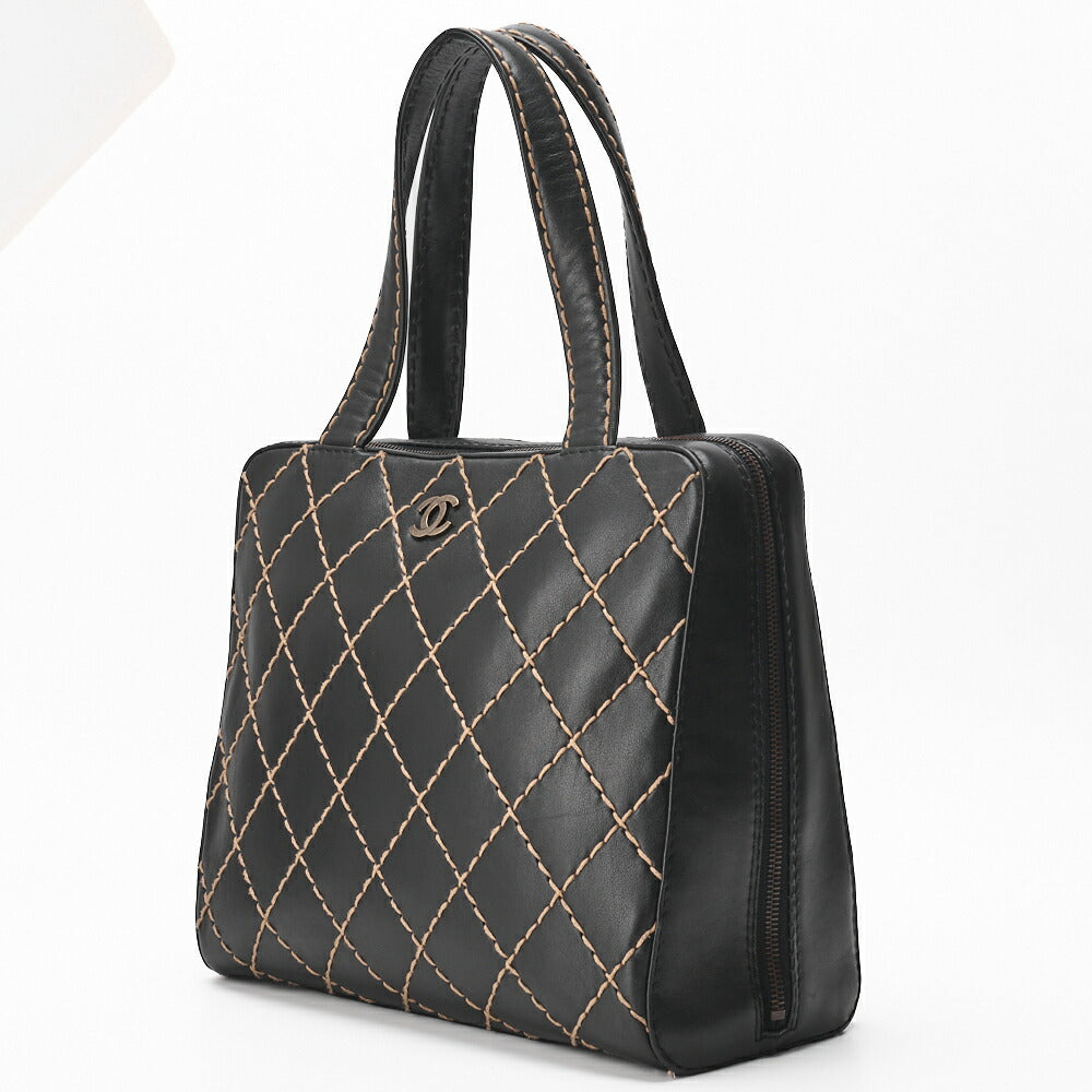 Pre-Owned Tote Bag Coco Mark Wild Stitch Calfskin Black Silver-Tone Hardware Pre-Owned