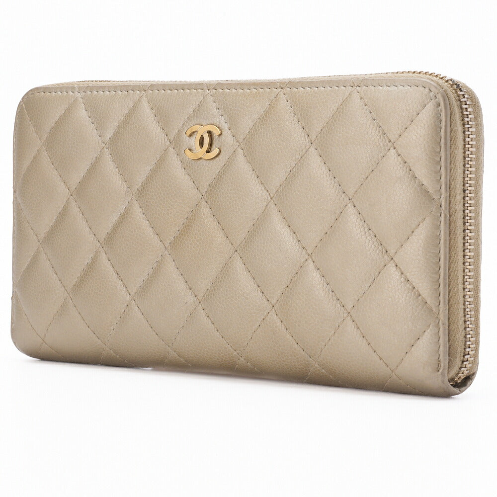 Pre-Owned Long Wallet, Matelasse, Caviar Skin, Gold, Gold-Tone Hardware, Pre-Owned