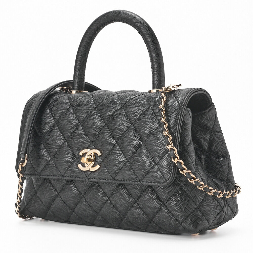 Sac à main d'occasion en cuir matelassé avec anse en coco, 2 voies, cuir caviar, noir, matériel doré.