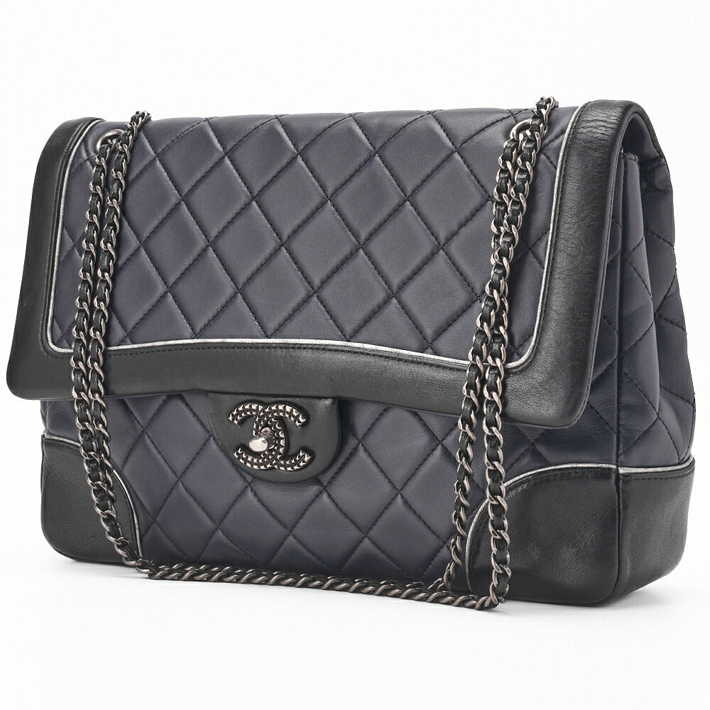Sac bandoulière d'occasion, Deca Matelasse, fermoir tournant, cuir d'agneau, noir, métal argenté, d'occasion