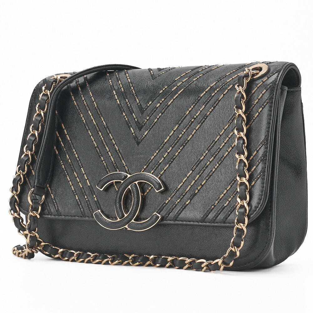 Pre-Owned Shoulder Bag, V Stitch, Chain Shoulder, Lambskin, Black, Gold-Tone Hardware, Pre-Owned