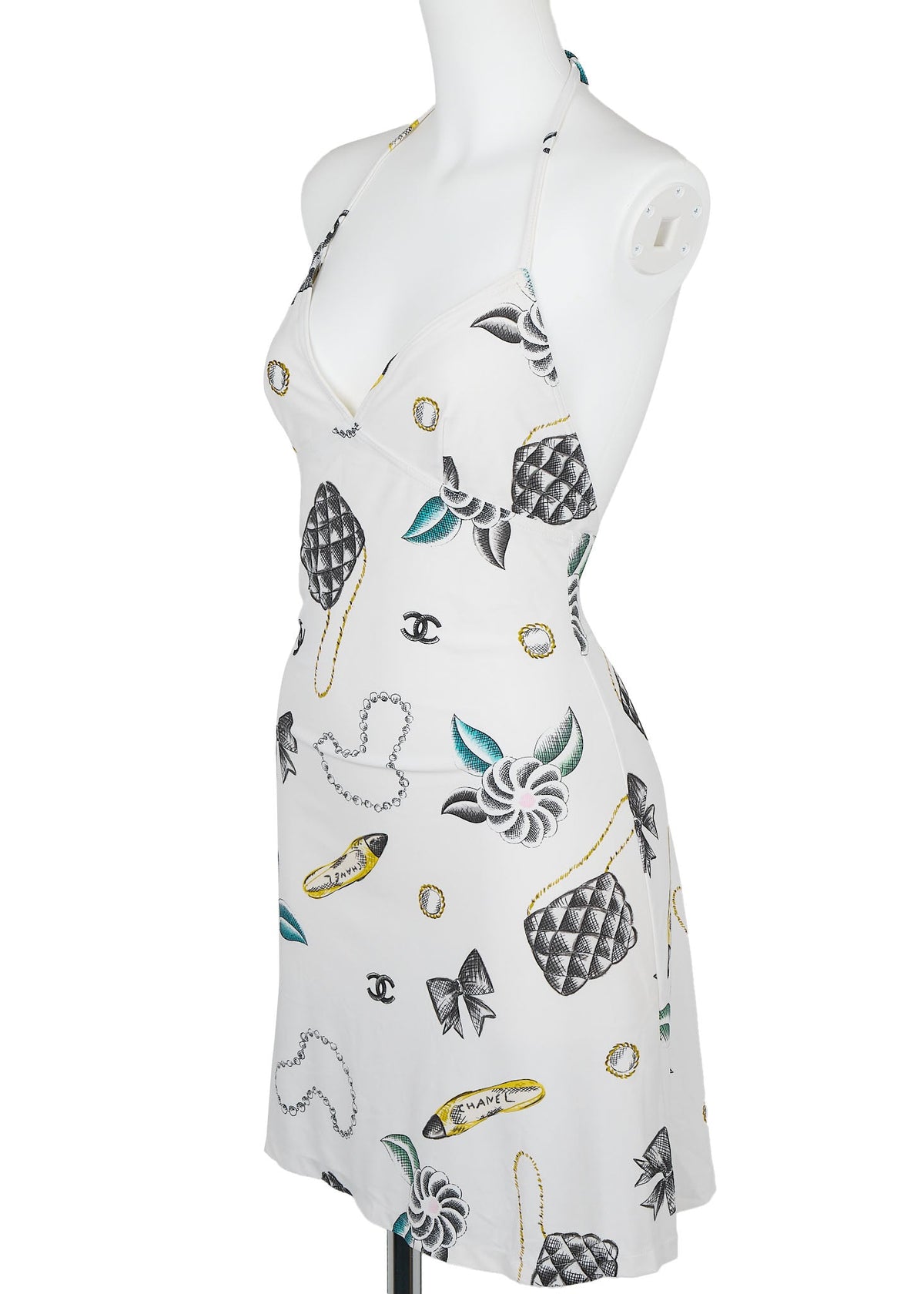 Pre-Owned Camisole Dress, Coco Mark, Nylon Spandex, White, Gold-Tone Hardware, Pre-Owned