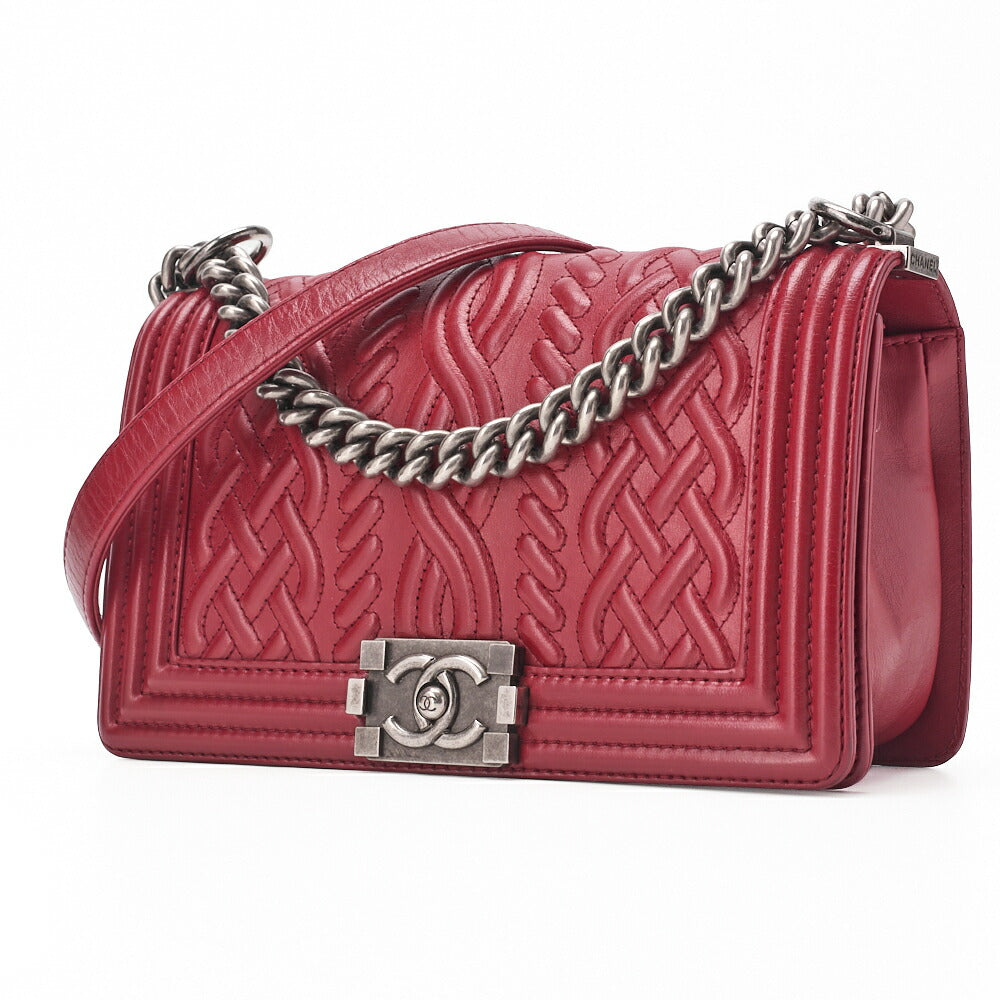 Pre-Owned Shoulder Bag, Braided Design, Chain Shoulder, Lambskin, Red, Silver-Tone Hardware, Pre-Owned