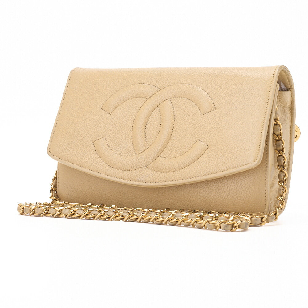 Pre-Owned Shoulder Bag Chain Wallet Caviar Skin Beige Gold-Tone Hardware Pre-Owned