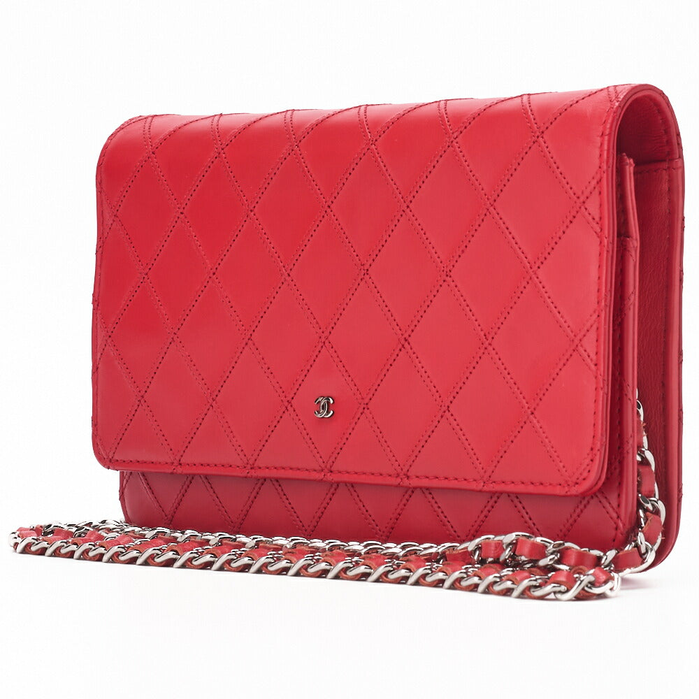 Pre-Owned Chain Wallet, Bicolore Matelasse, Calfskin, Red, Silver-Tone Hardware, Pre-Owned