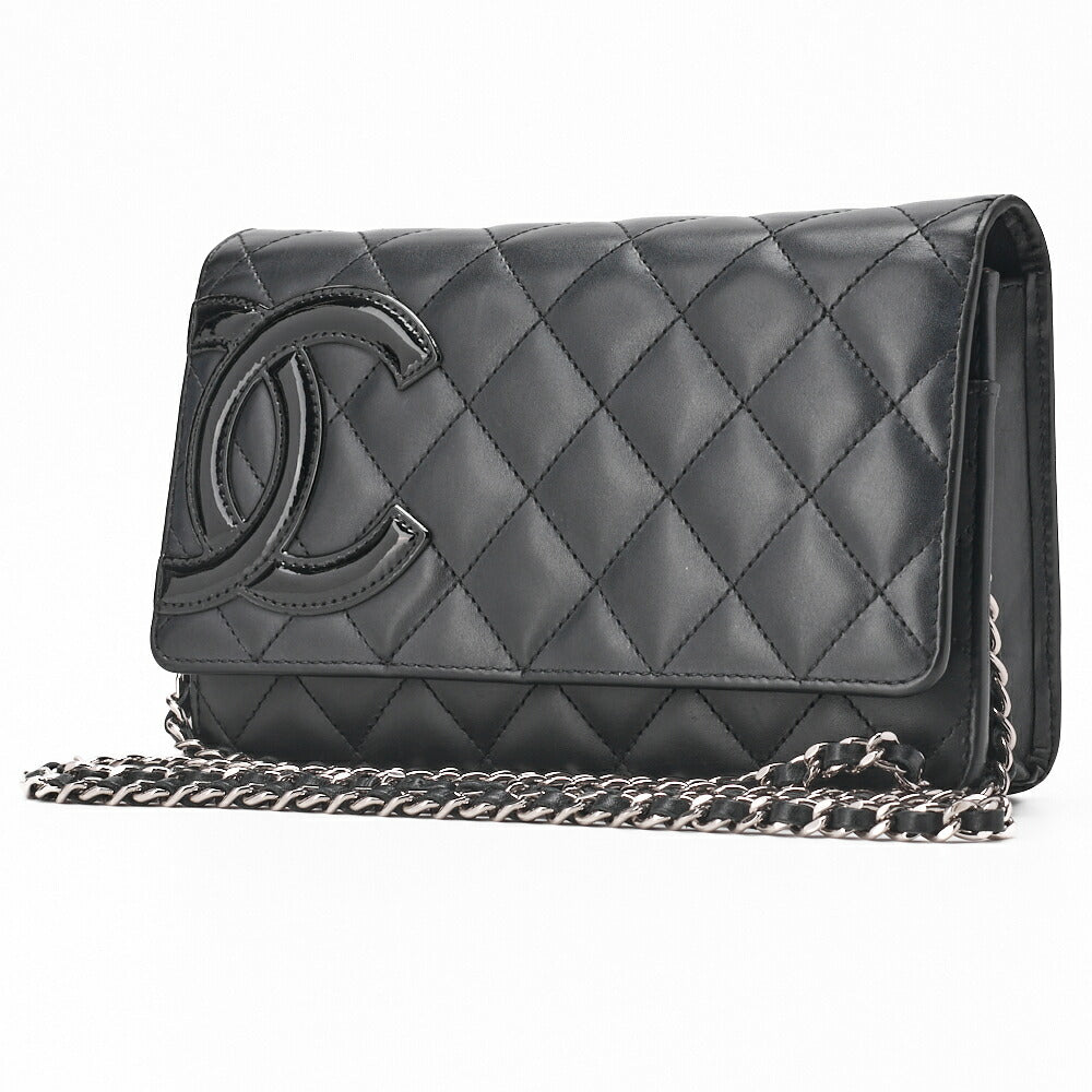 Pre-Owned Chain Wallet, Cambon Line, Folding, Calfskin, Black, Silver-Tone Hardware, Pre-Owned