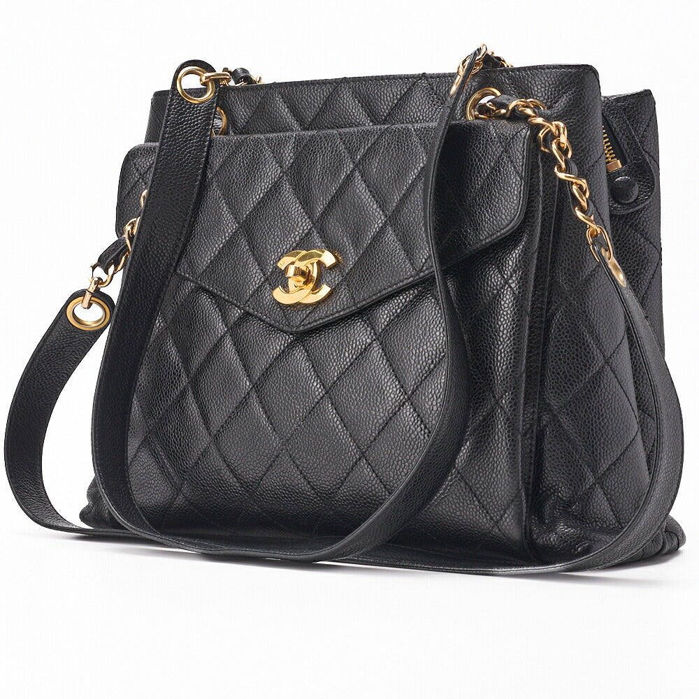 Pre-Owned Shoulder Bag, Matelasse Outside Flap, Caviar Skin, Black, Gold-Tone Hardware, Pre-Owned