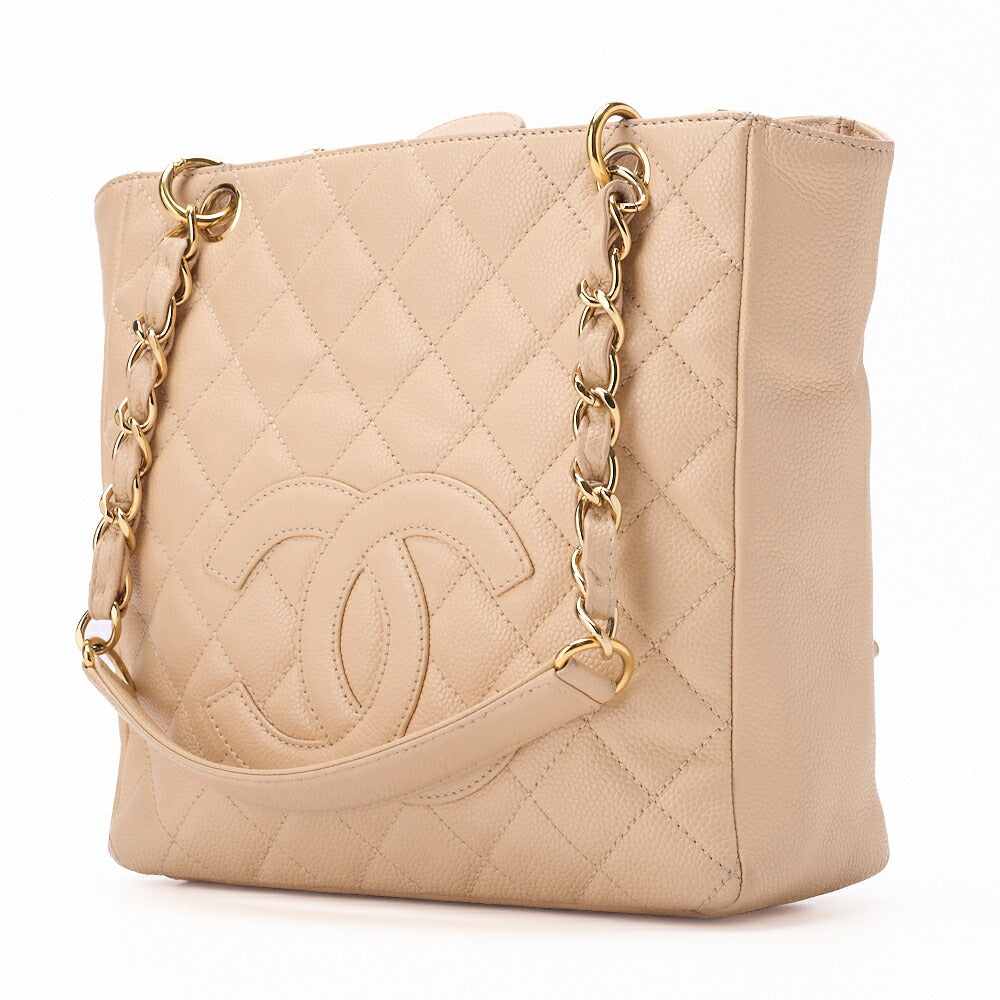 Sac fourre-tout d'occasion matelassé en cuir caviar beige, matériel doré.