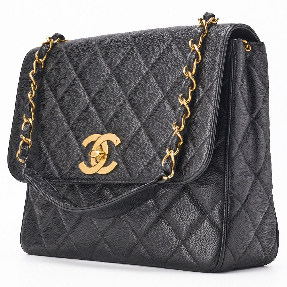 Sac fourre-tout à bandoulière d'occasion en cuir matelassé caviar noir et métal doré.