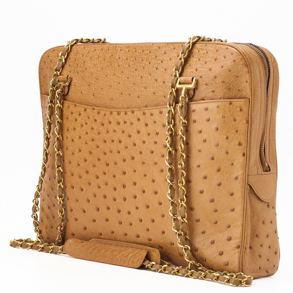 Sac à bandoulière d'occasion, sac fourre-tout matelassé, autruche beige, matériel doré, d'occasion