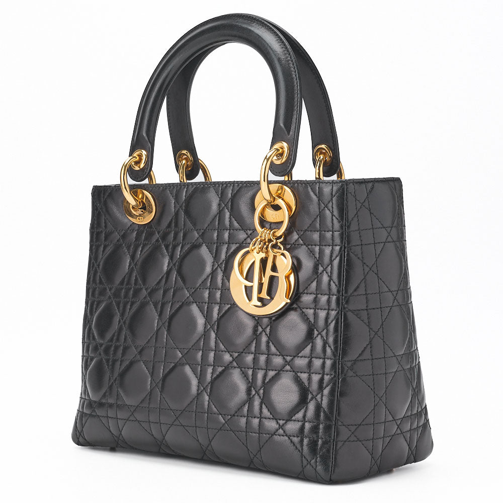 Pre-Owned Lady Handbag Cannage Lambskin Black Gold-Tone Hardware Pre-Owned