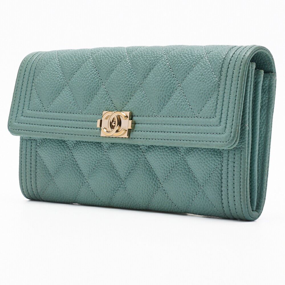 Pre-Owned Boy Matelasse Bi-Fold Long Wallet Caviar Skin Mint Green Gold-Tone Hardware Pre-Owned