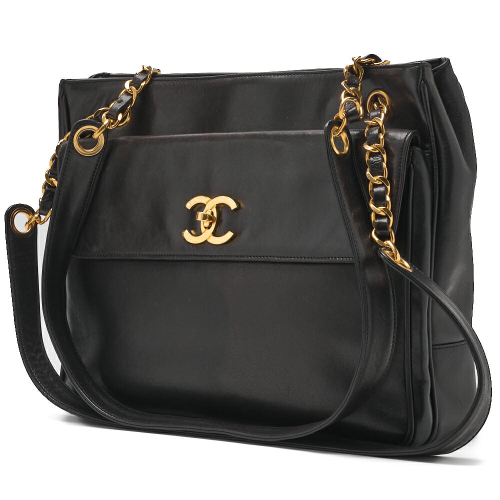 Pre-Owned Shoulder Bag, Outside Flap, Double Chain Shoulder, Lambskin, Black, Gold-Tone Hardware, Pre-Owned