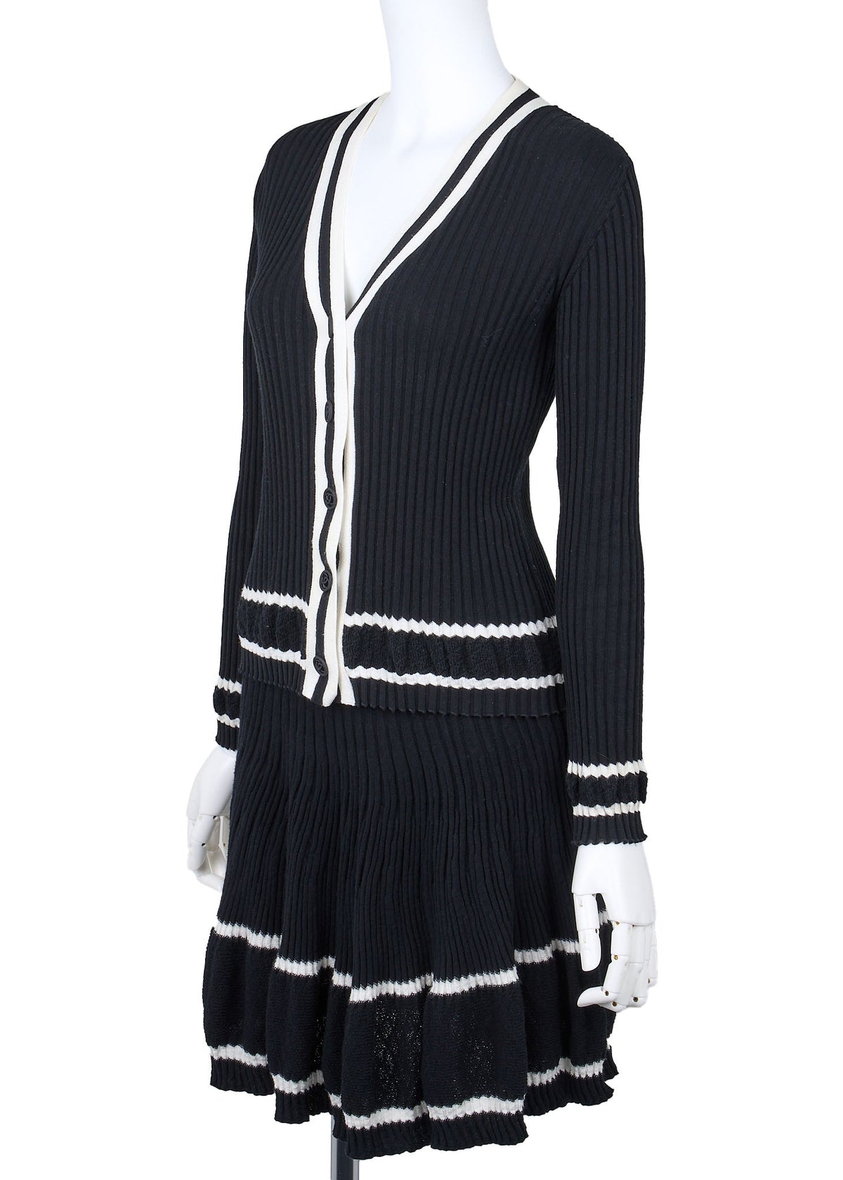 Pre-Owned Cardigan Skirt Set, Coco Button, Knit, Cotton, Black, Gold-Tone Hardware, Pre-Owned