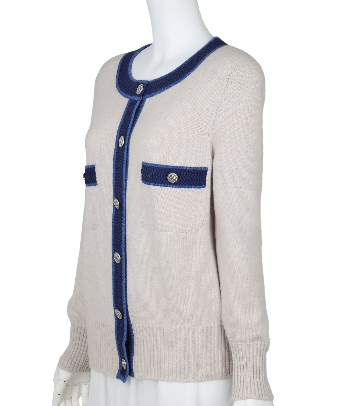 Pre-Owned Cardigan, Coco Button, Cashmere, Grey, Silver-Tone Hardware, Pre-Owned