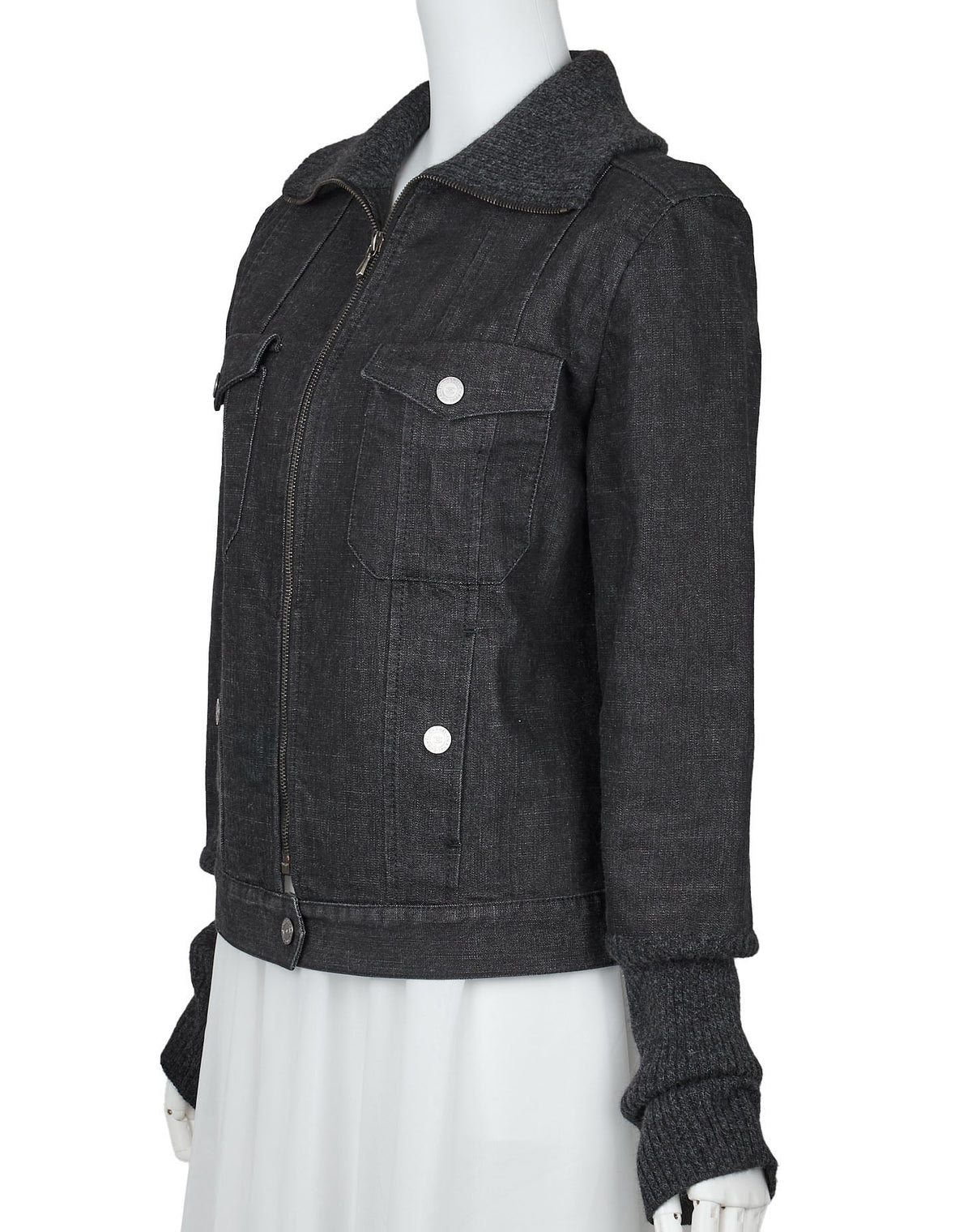 Pre-Owned Denim Jacket, Coco Button, Long Sleeve, Cotton Blend, Black, Gold-Tone Hardware, Pre-Owned