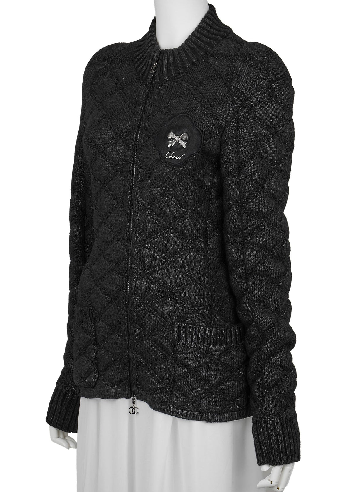 Pre-Owned Blouson Jacket, Coco Charm, Long Sleeve, Wool Nylon Blend, Black, Gold-Tone Hardware, Pre-Owned