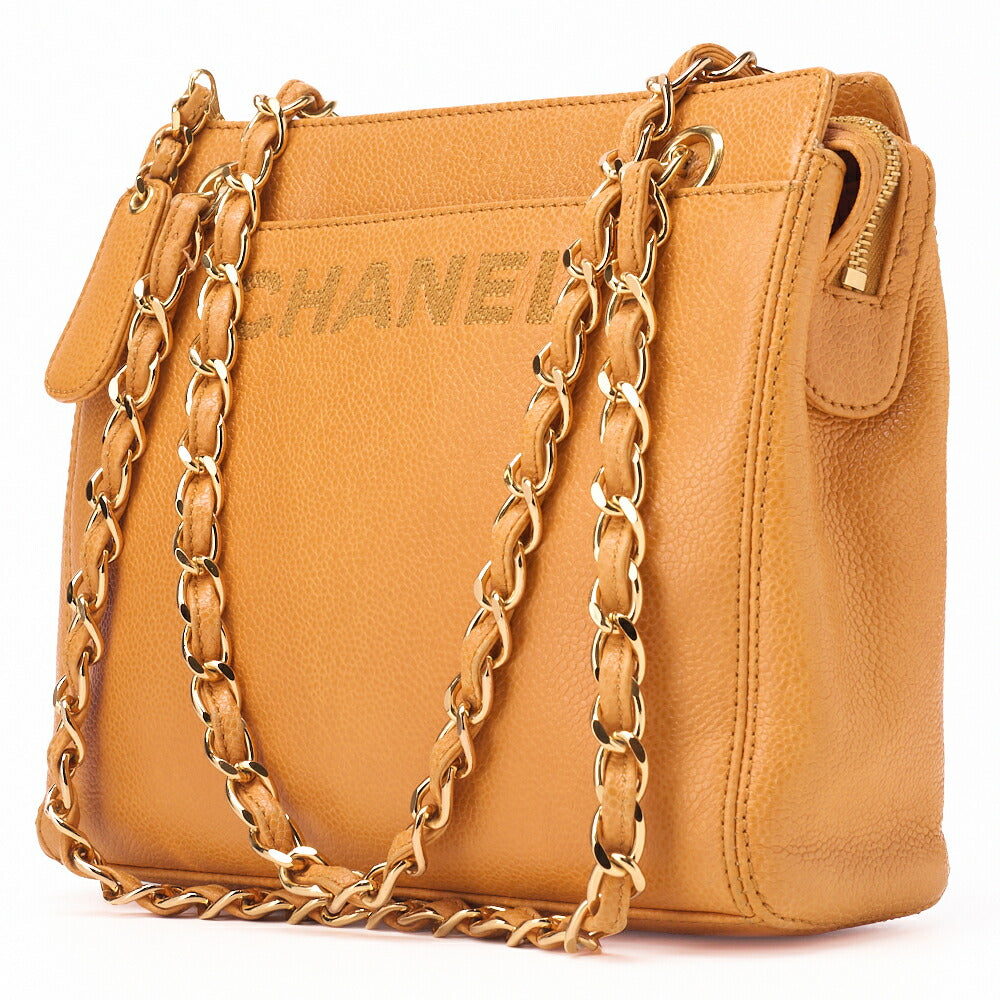 Gebrauchte Schultertasche mit Logo-Markierung, doppelte Kette an der Schulter, Kaviarhaut, Beige, goldfarbene Hardware, gebraucht