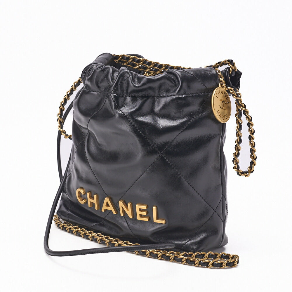 Pre-Owned 22 Mini Chain Shoulder Bag, Drawstring, Calfskin, Black, Gold-Tone Hardware, Pre-Owned