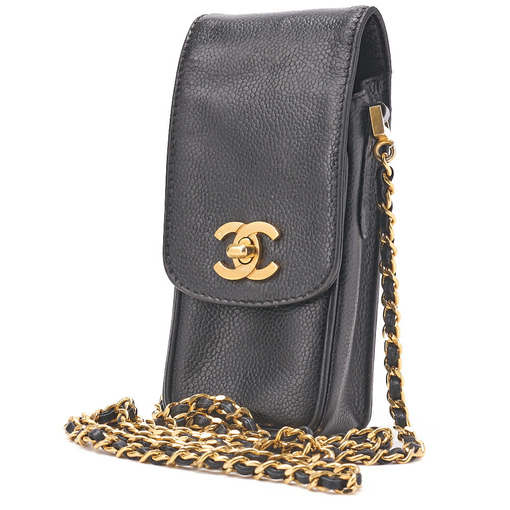 Pre-Owned Shoulder Bag Pouch Turn Lock Caviar Skin Black Gold-Tone Hardware Pre-Owned