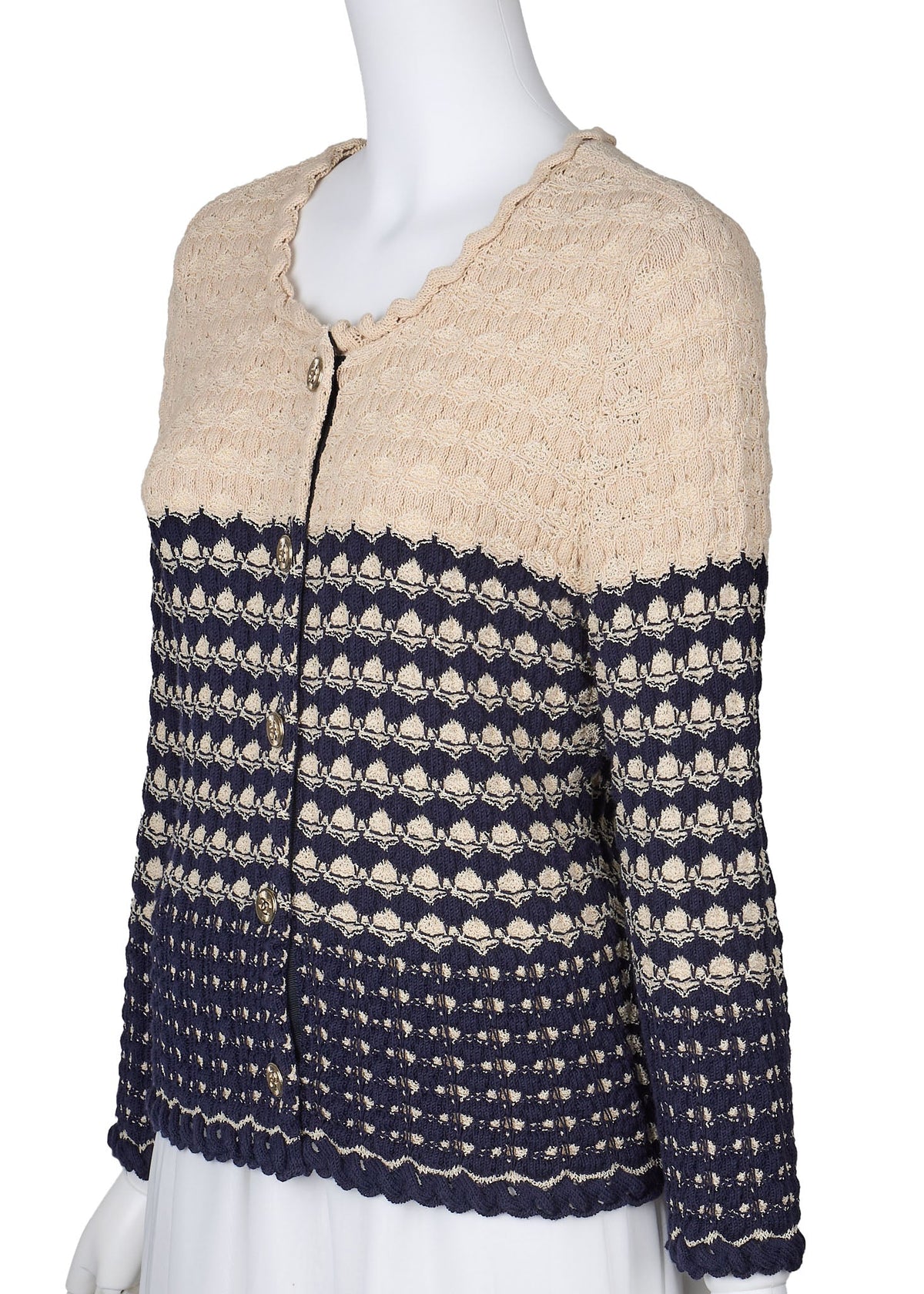 Pre-Owned Cardigan, Coco Button, Knit, Rayon Blend, Beige, Gold-Tone Hardware, Pre-Owned