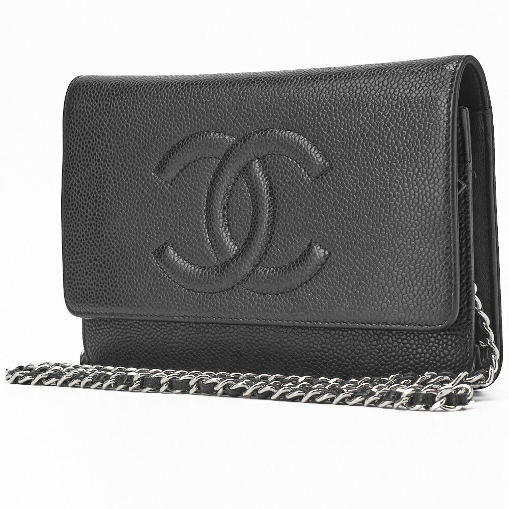 Pre-Owned Shoulder Bag Chain Wallet Caviar Skin Black Silver-Tone Hardware Pre-Owned