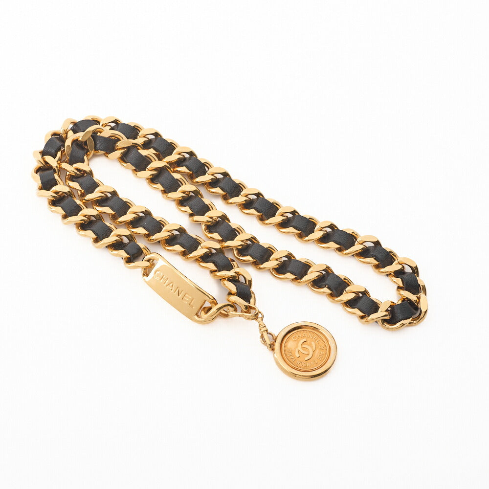 Ceinture chaîne d'occasion, Coco Mark, plaquée or, cuir, noire, finitions dorées, d'occasion