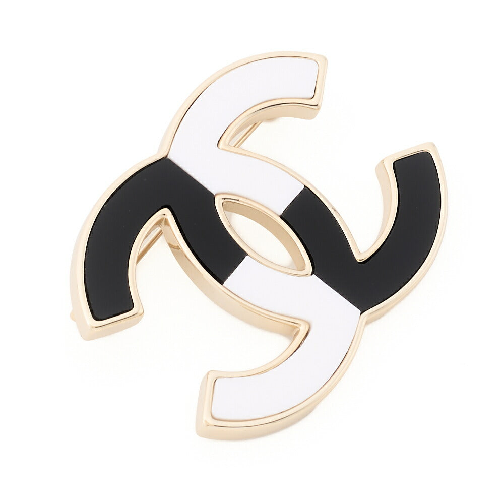 Pre-Owned Brooch Coco Mark Bicolor Gold Plating Black White Gold-Tone Hardware Pre-Owned