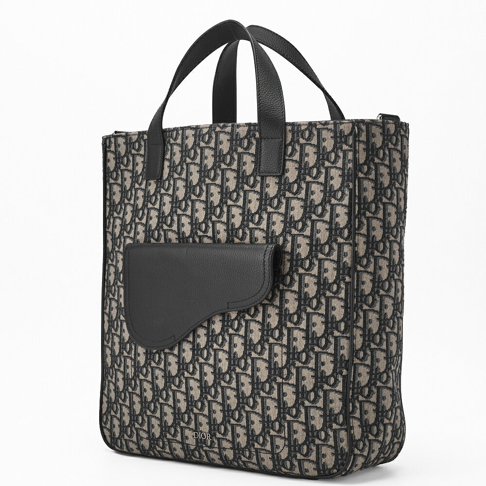 Pre-Owned Saddle Tote Bag Oblique Canvas Leather Black Silver-Tone Hardware Pre-Owned