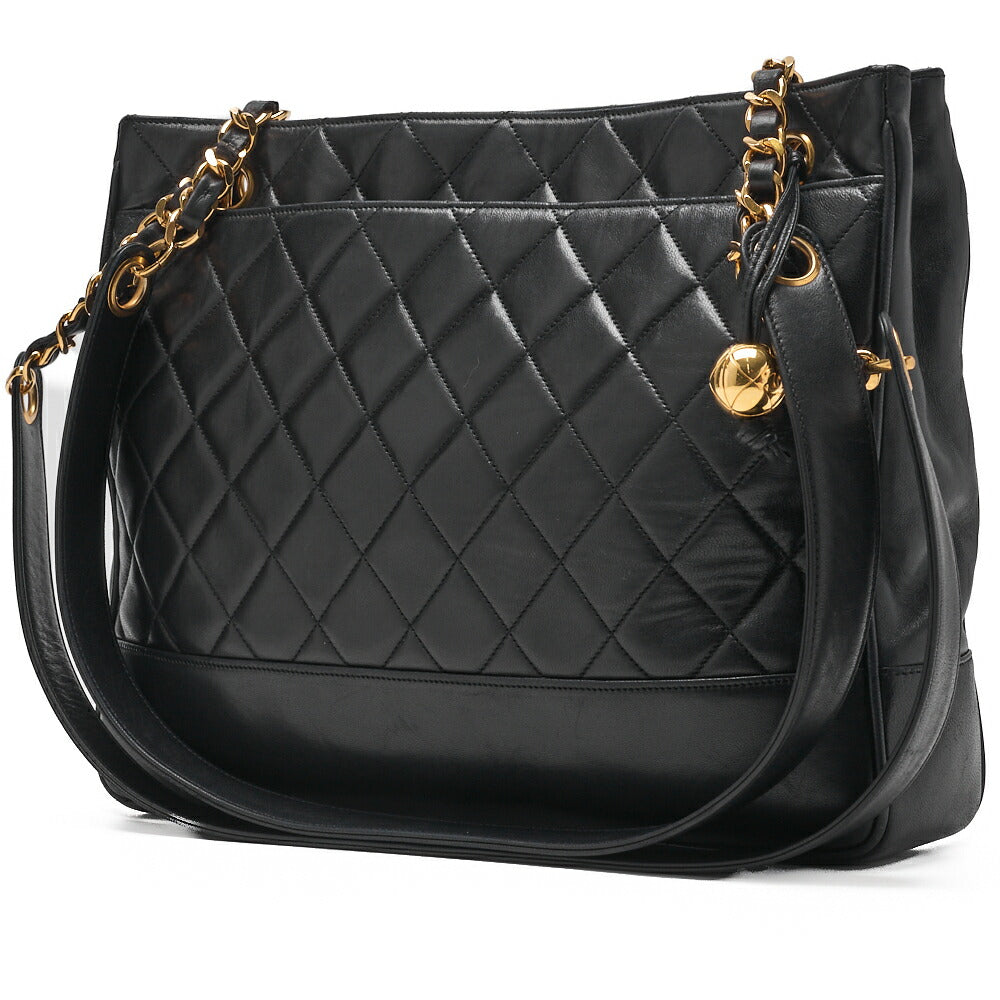 Sac à bandoulière d'occasion, sac fourre-tout, cuir d'agneau matelassé, noir, matériel doré, d'occasion