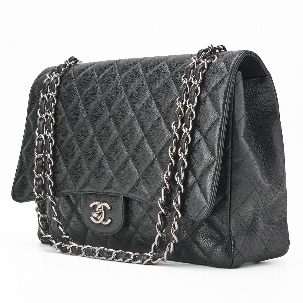 Sac bandoulière d'occasion, Deca Matelasse, cuir caviar, noir, finitions argentées, d'occasion