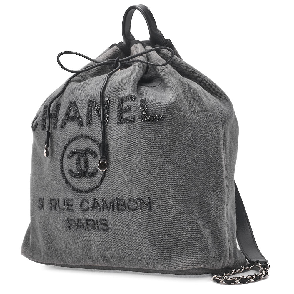 Pre-Owned Backpack Bag Deauville Drawstring Canvas Denim Gray Silver-Tone Hardware Pre-Owned