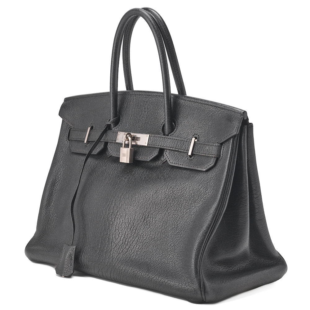 Pre-Owned Birkin 35 Handbag Chèvre Black Silver-Tone Hardware Pre-Owned
